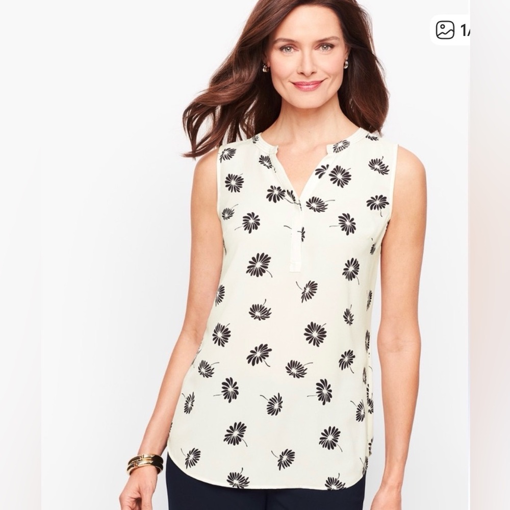 Talbots White and Black Floral Sleeveless Top